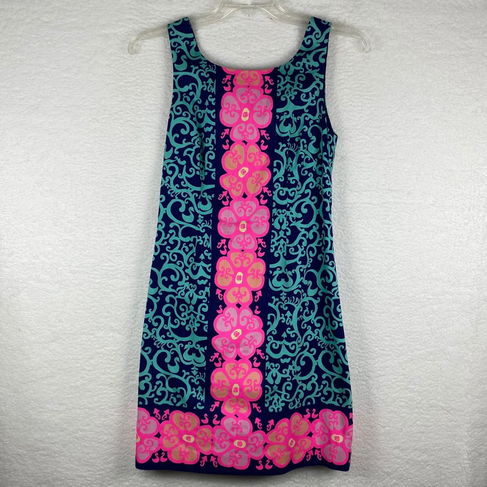 Lilly Pulitzer Size 10 Navy Pink Turquoise Floral Damask Pique Shift Dress